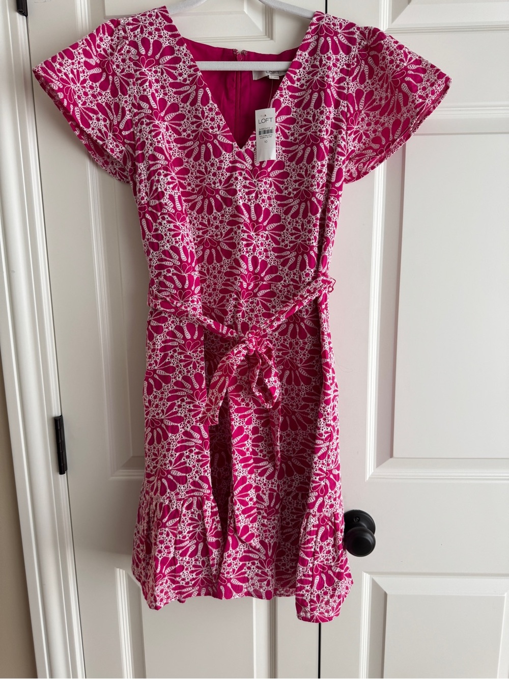 NWT LOFT Pink Floral Embroidered Tie Waist Dress Size 10 Midi Wedding Guest